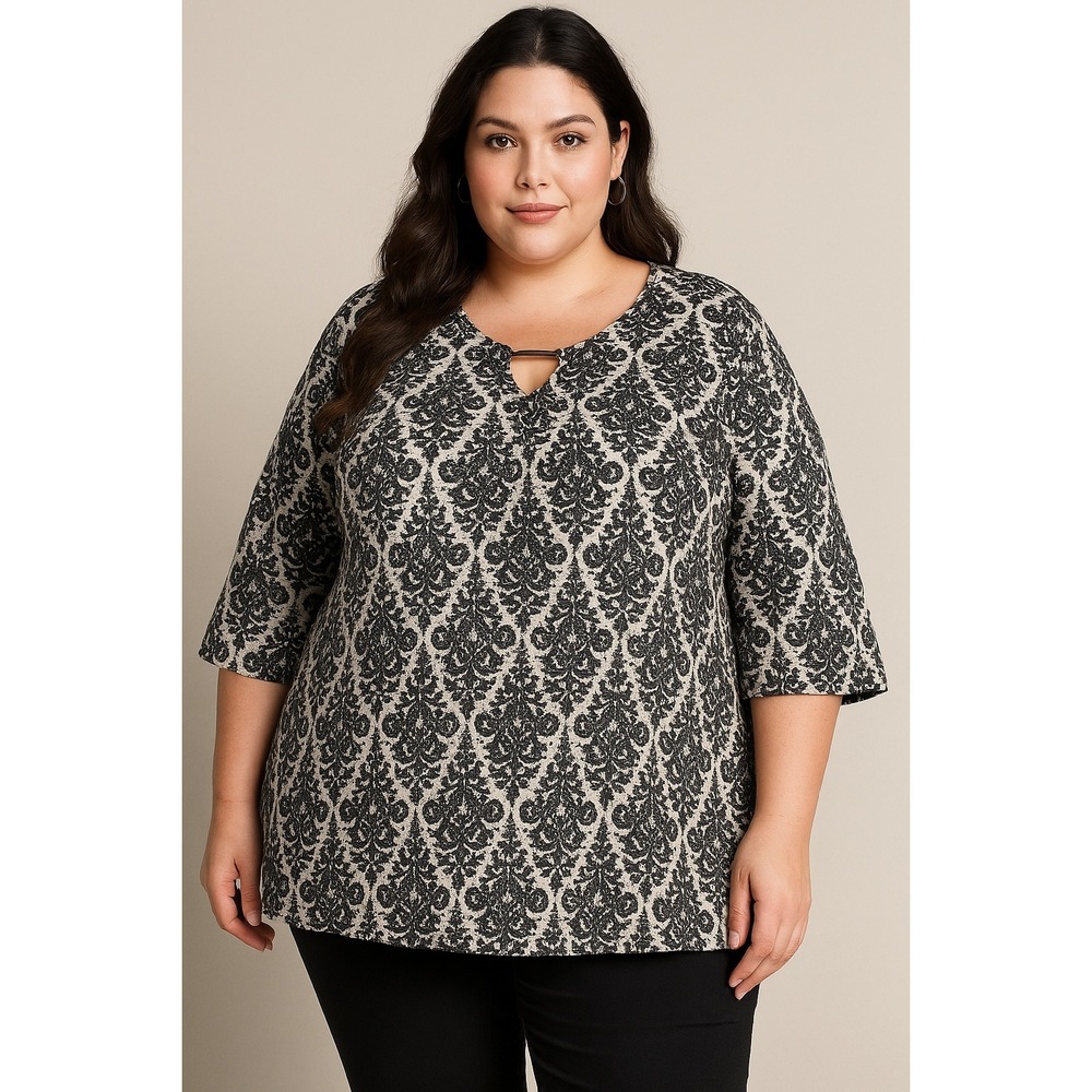 Catherines Top Womens Plus Size 5X Black White Damask Print Keyhole Neck Boxy